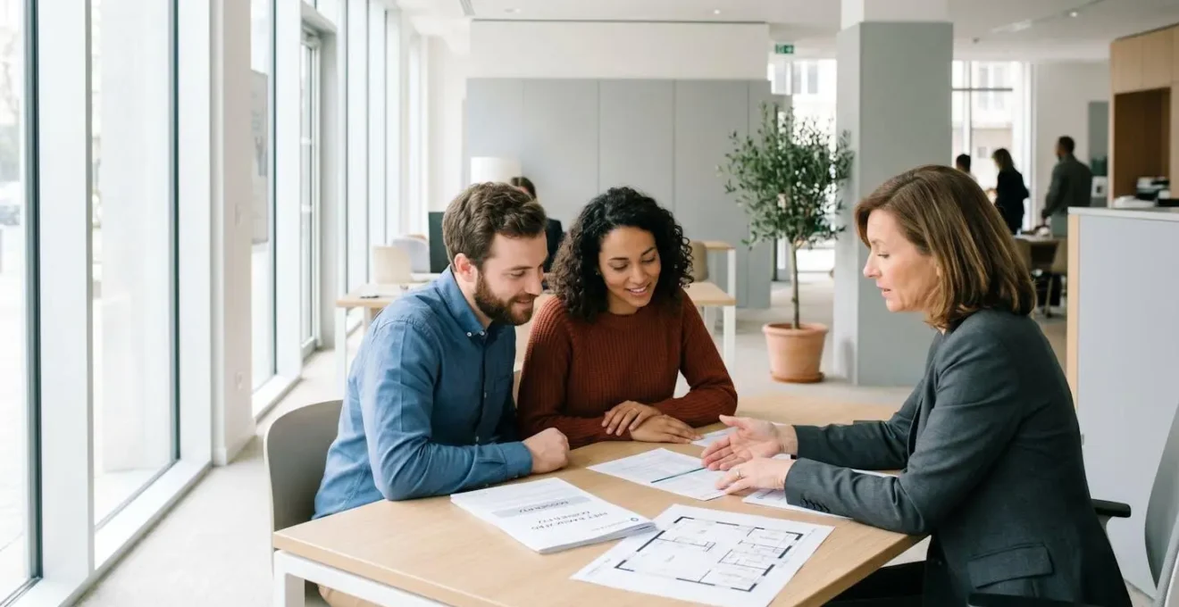 Jeune couple consultant un conseiller bancaire dans une agence contemporaine, documents PTZ et plans de logement étalés sur un bureau blanc, lumière naturelle abondante créant une atmosphère optimiste