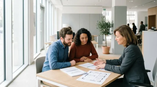 Jeune couple consultant un conseiller bancaire dans une agence contemporaine, documents PTZ et plans de logement étalés sur un bureau blanc, lumière naturelle abondante créant une atmosphère optimiste