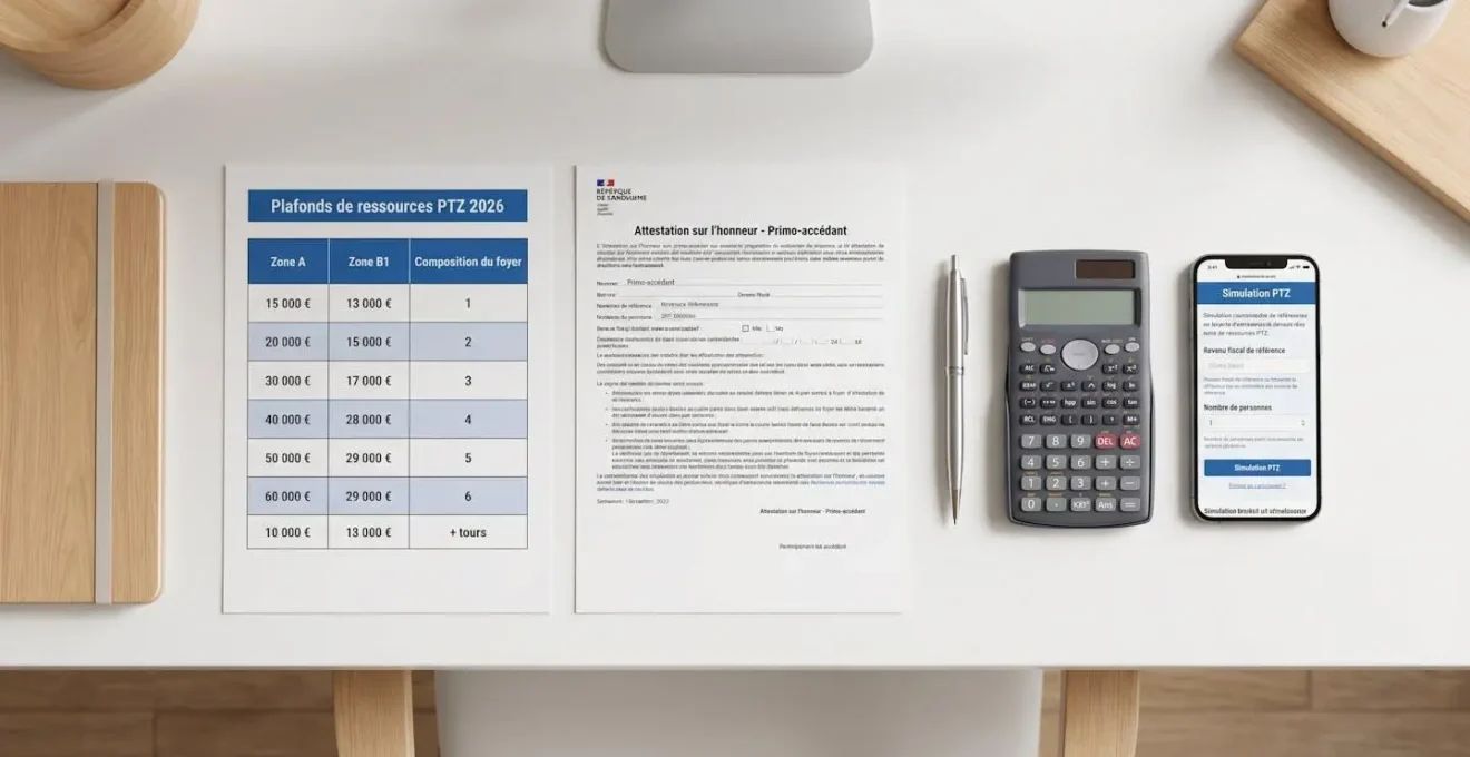 Vue de dessus d'un bureau blanc avec documents PTZ 2026, tableau des plafonds de ressources, calculatrice financière et smartphone affichant un simulateur de prêt