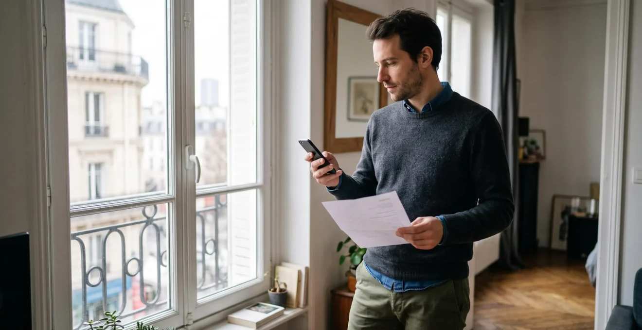 Homme debout près d'une fenêtre consultant son smartphone tout en tenant un document plié dans l'autre main, lumière naturelle en arrière-plan