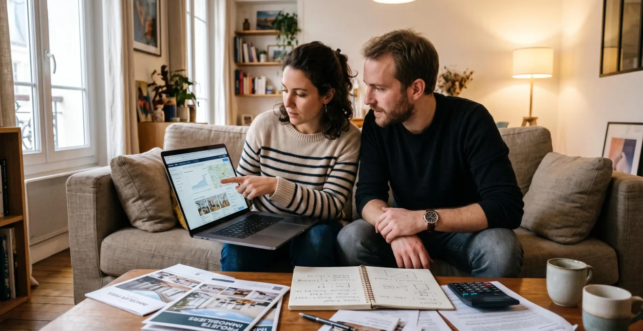 Couple dans la trentaine assis sur un canapé utilisant un ordinateur portable ensemble, avec des brochures immobilières et documents sur la table basse devant eux dans leur salon