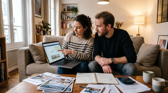 Couple dans la trentaine assis sur un canapé utilisant un ordinateur portable ensemble, avec des brochures immobilières et documents sur la table basse devant eux dans leur salon