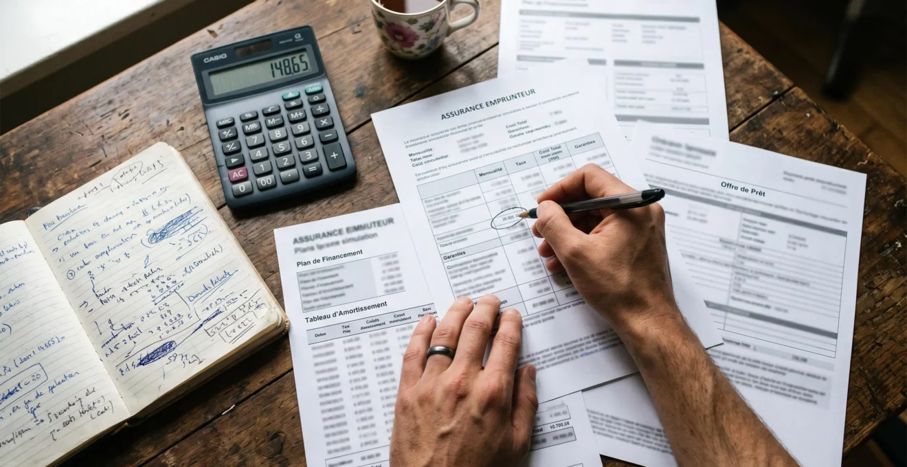 Vue du dessus d'une table de travail avec documents d'assurance emprunteur, calculatrice, carnet de notes manuscrites et main tenant un stylo entourant des chiffres